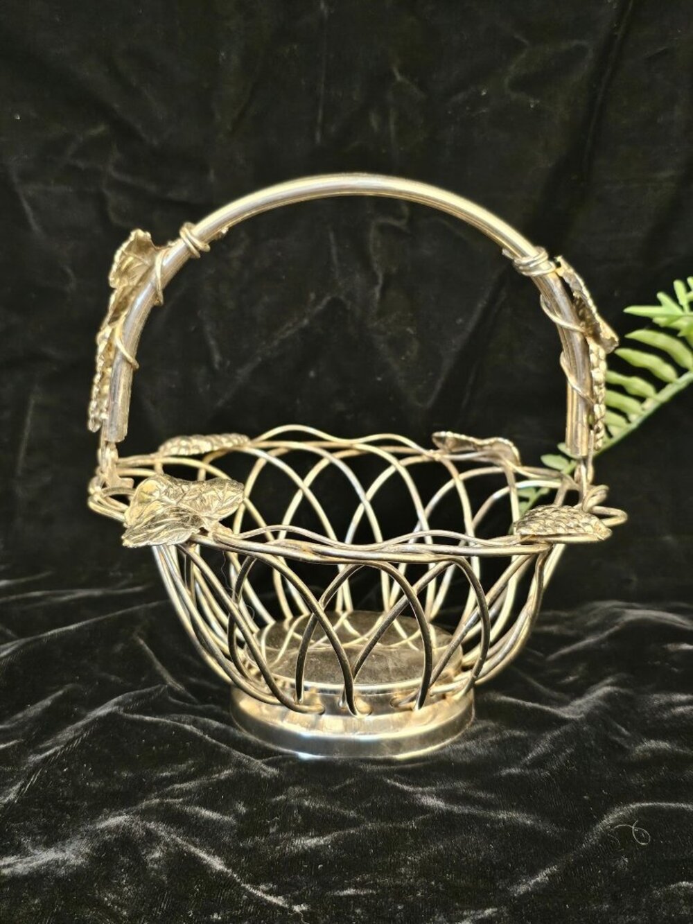 Vintage Silver-Plated Wire Basket With Grapevine & Leaf Design